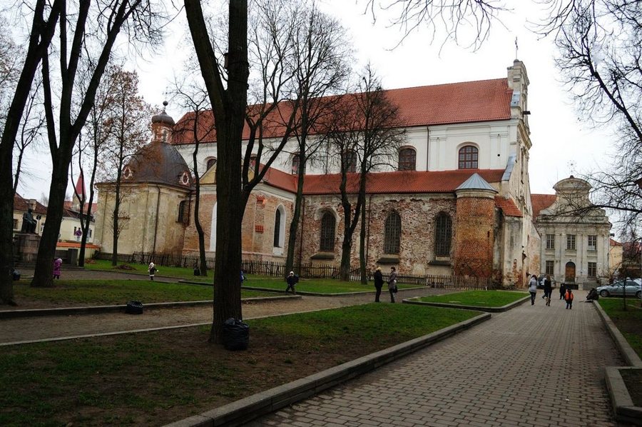 Historic church and paved courtyard in Vilnius